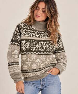 Vintage Tarazzia Fair Isle Snowflake Turtleneck Sweater Goblincore Earthy M